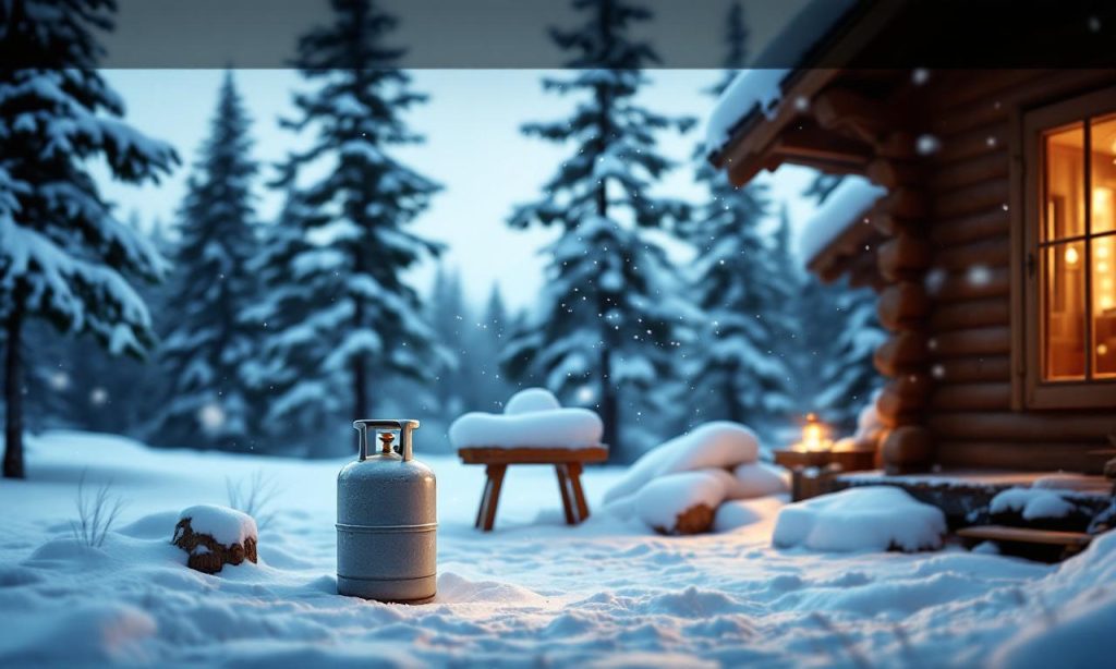 газовый баллон у бани зимой в снежном пейзаже