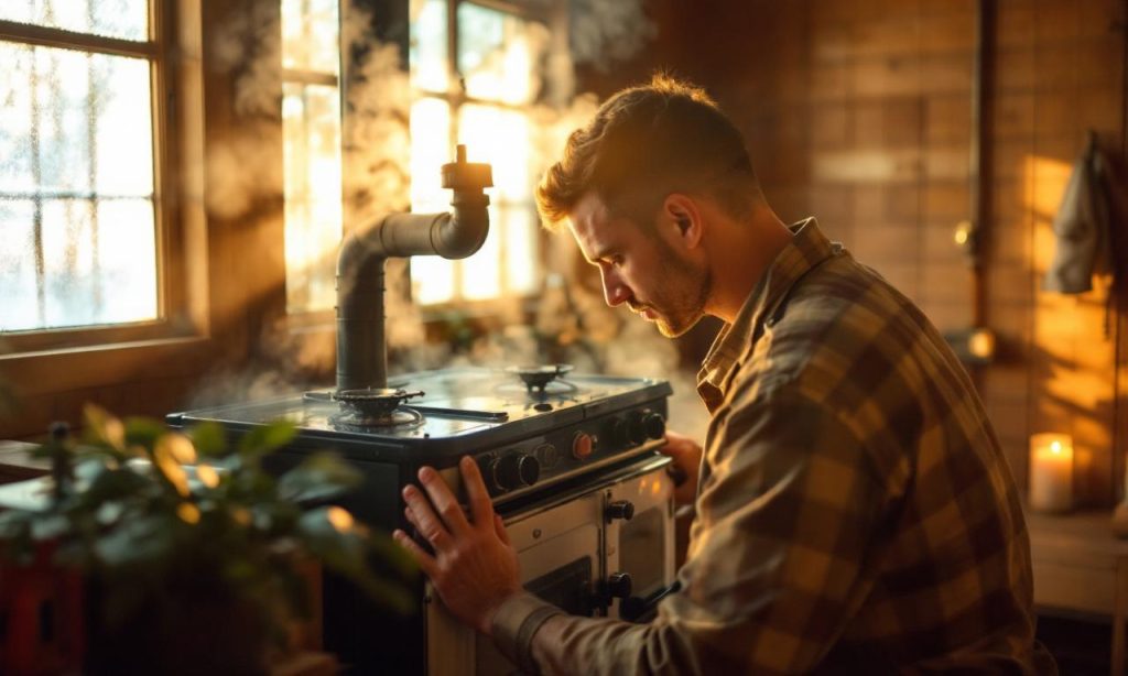 специалист газовой службы в бане проверяет газовую печь