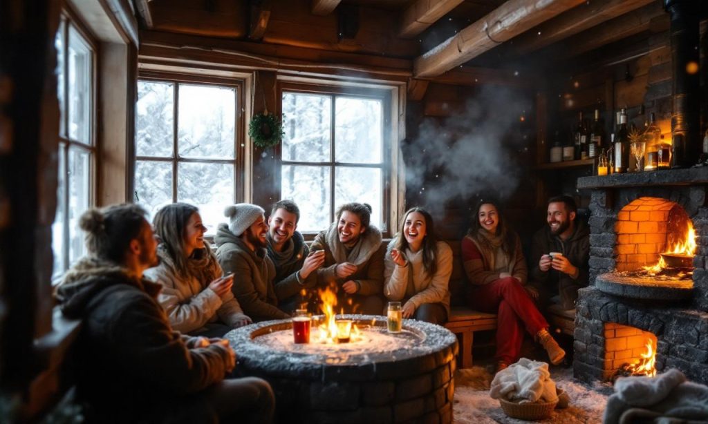 традиционная русская парилка, люди наслаждаются теплом внутри, зима снаружи