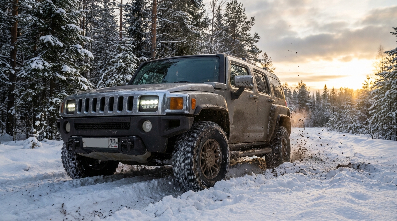 Hummer H3 на российском бездорожье в снегу