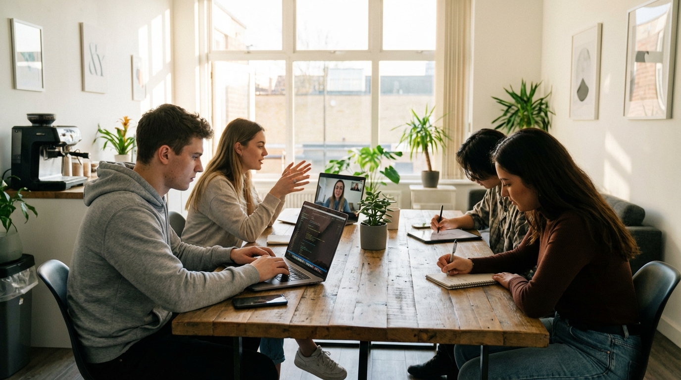 Зумеры за работой в коворкинге с ноутбуками