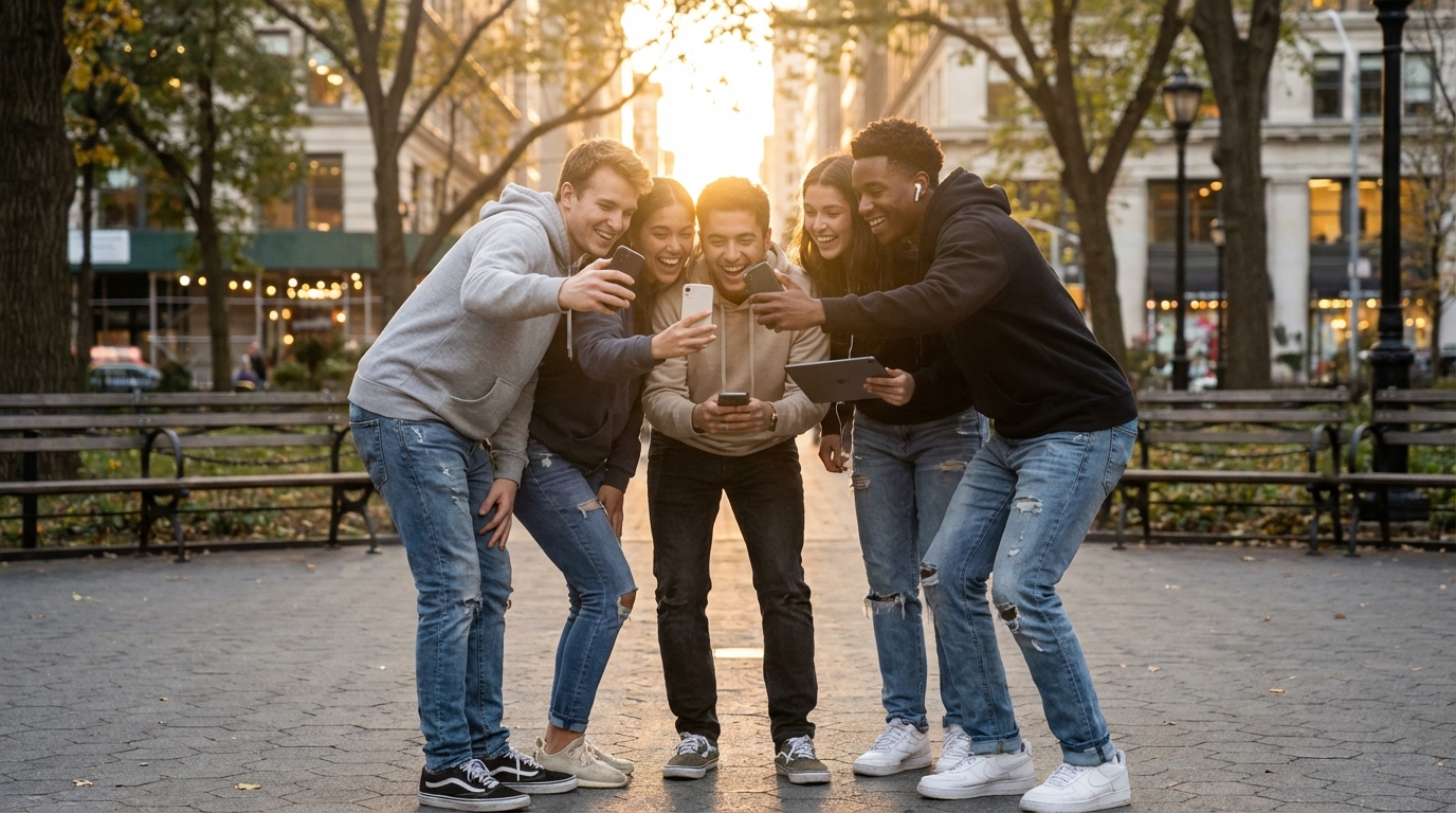 Иллюстрация поколения зумеров с гаджетами в руках