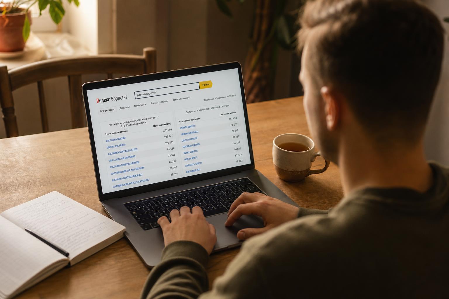 Экран ноутбука с открытым Яндекс.Wordstat, где отображаются поисковые запросы и частотность для сбора семантического ядра